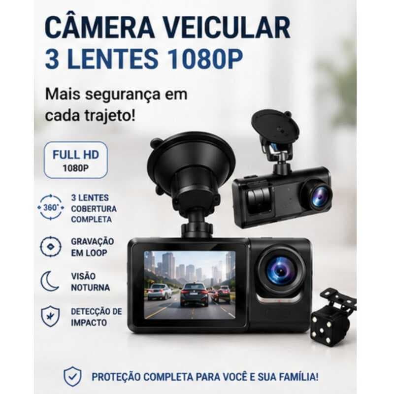 Câmera Veicular 3 Lentes Full HD 1080P com Tela | Frontal Interna Traseira, Visão Noturna e Gravação em Loop para Carro