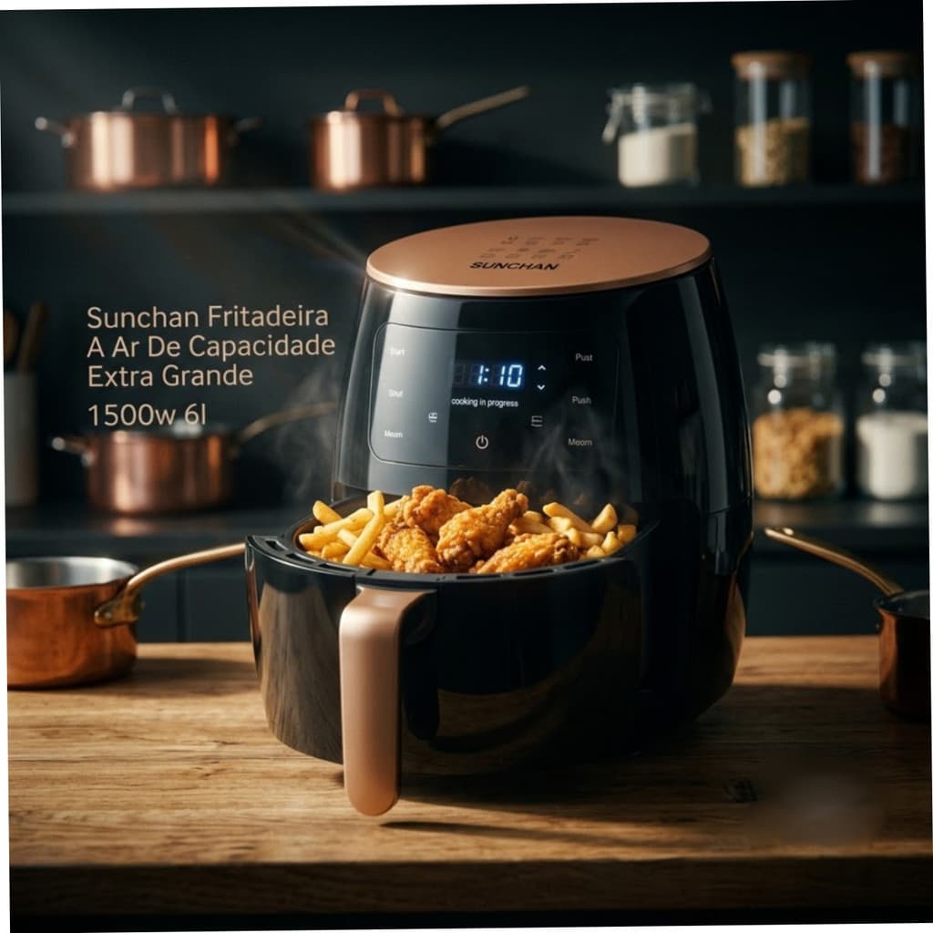 Fritadeira Air Fryer Digital SUNCHAN 6L 1500W 110V Painel Touch Cesto Antiaderente Sem Óleo.