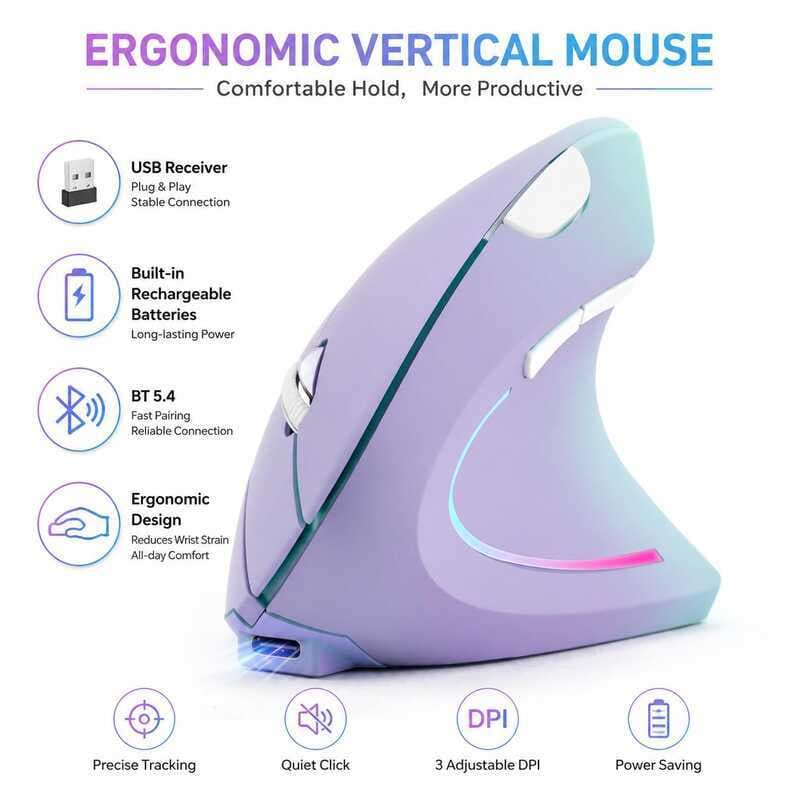 Mouse Vertical Ergonômico 1600DPI Sem Fio Bluetooth 2.4G Tipo C Recarregável Silencioso Clique Compatível Com Laptop PC 