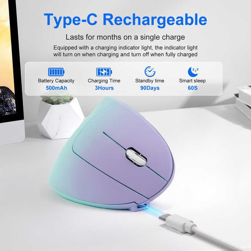 Mouse Sem Fio Vertical Ergonômico Bluetooth 2.4G Recarregável Silencioso Com Luz RGB DPI De 3 Níveis Para Computador Not