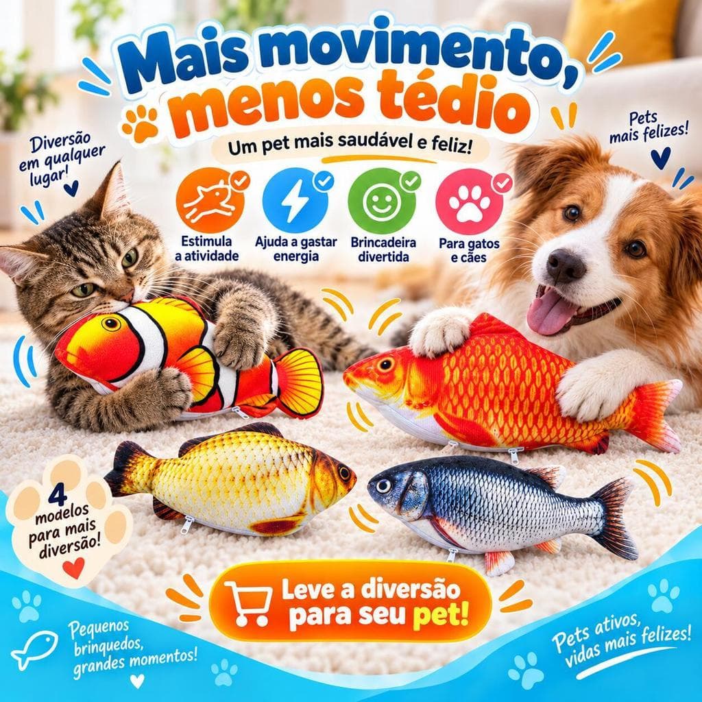 Peixe Interativo para Gatos e Cachorros Recarregável USB Brinquedo Automático que Pula e Balança 28cm