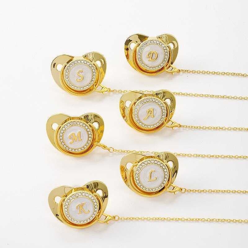 Chupeta de bebê com letras de Metal dourado, 26 letras, diamante com corrente, produtos maternos para bebês