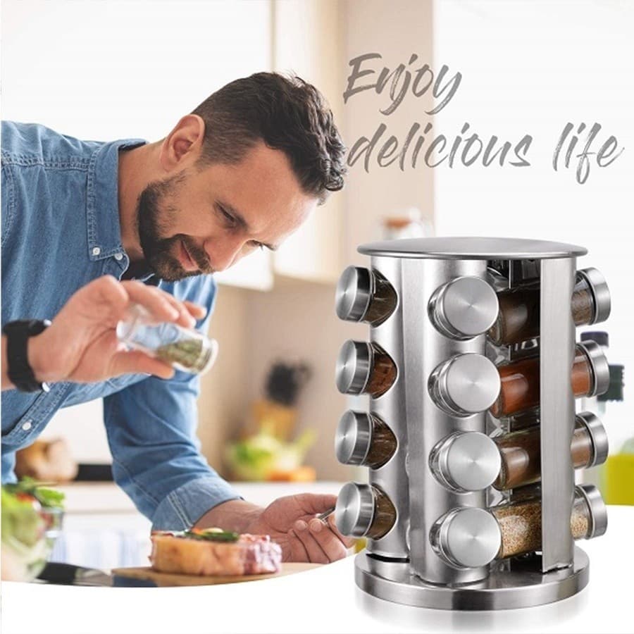 Porta Tempero Inox Giratorio Com 16 Potes Torre De Condimentos