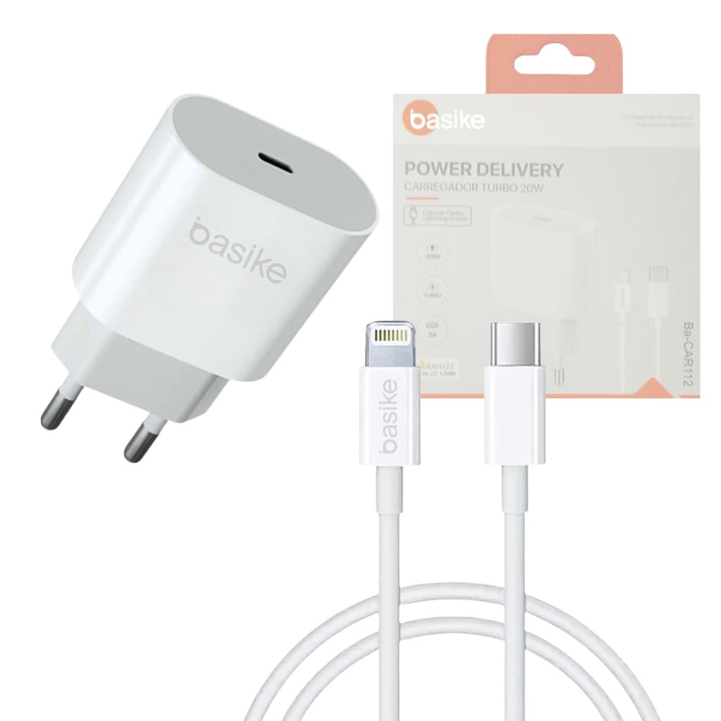 Carregador De Celular Completo Carga Rápida Turbo PD 20W Conexão Lightning / TIPO-C Basike BA-CAR112