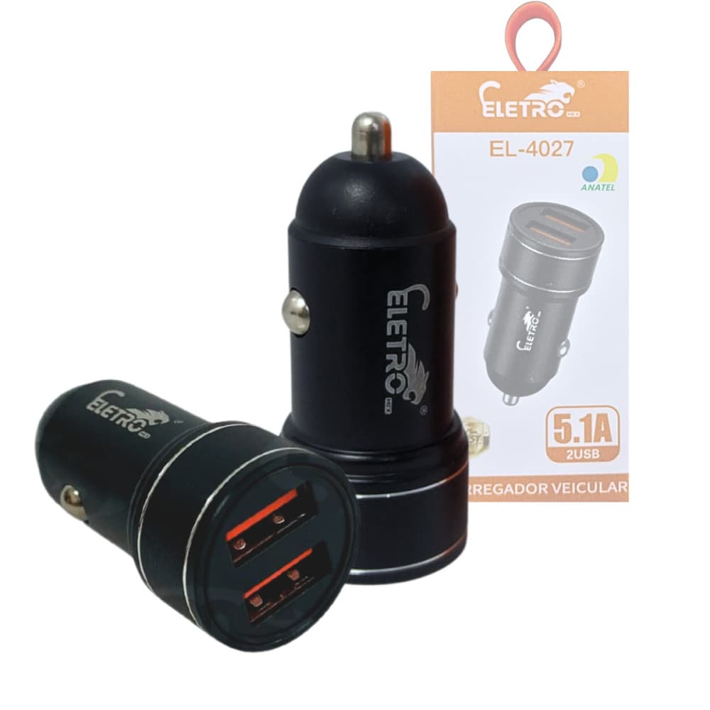 Carregador Veicular Carro Celular 12V Carregamento Rápido Indicador Led 02 Portas USB 5.1A Eletromex