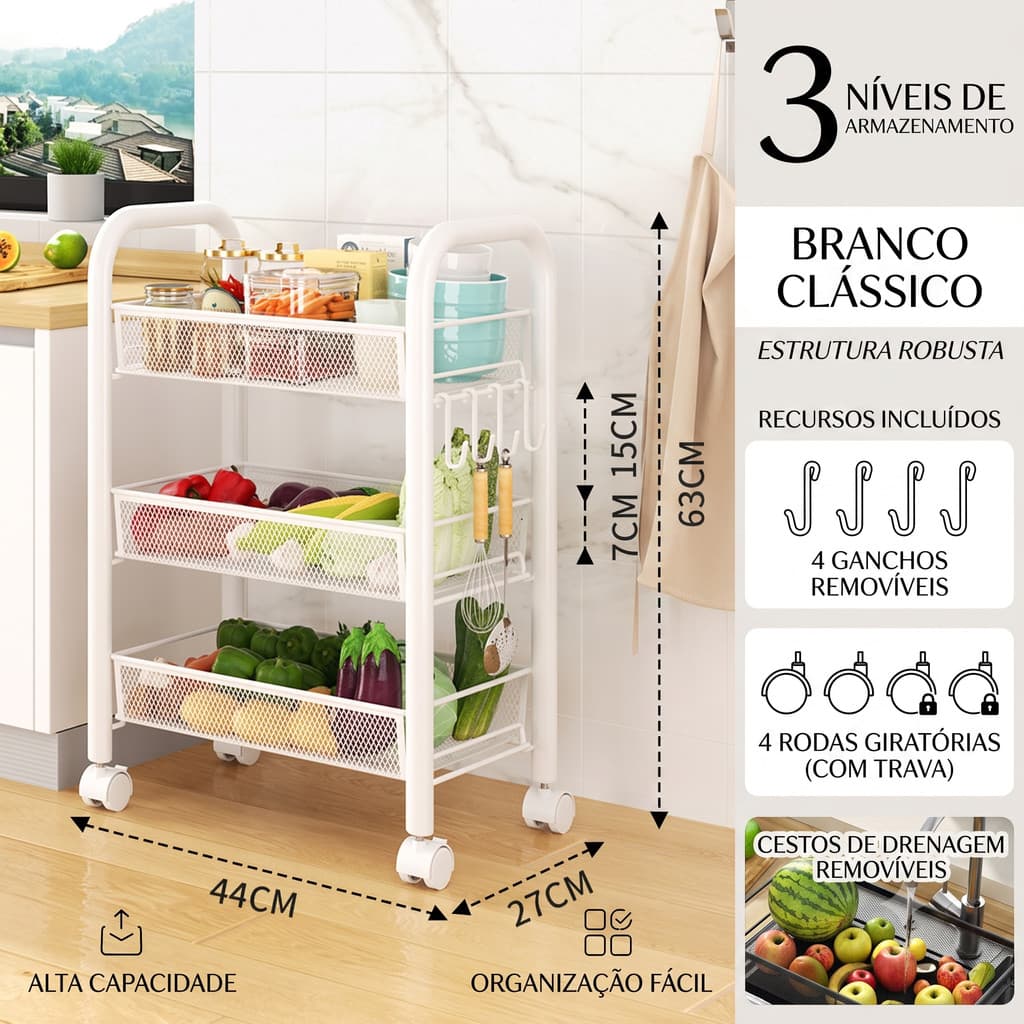 Carrinho Organizador Aco Multiuso 3 Andares em Aço Inox Com Rodinhas Prateleira Cozinha Banheiro - Branco