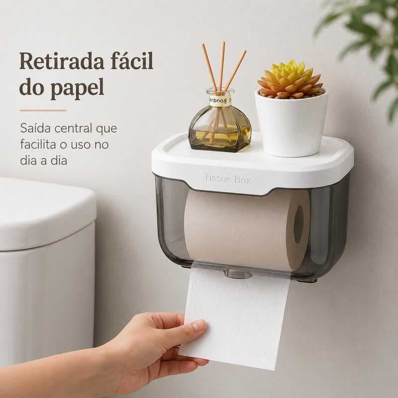 Dispenser Suporte Porta Papel Higiênico de Parede com Prateleira Organizador de Banheiro-Sem Furar Parede- Branco e Fumê