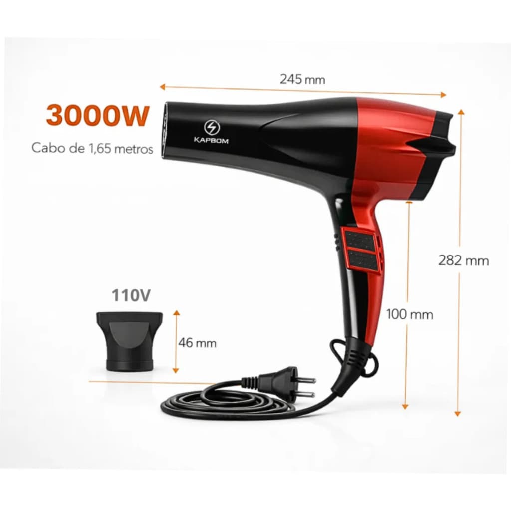 Secador de Cabelo Profissional 3000W 110V Íons Quente e Frio Secagem Rápida