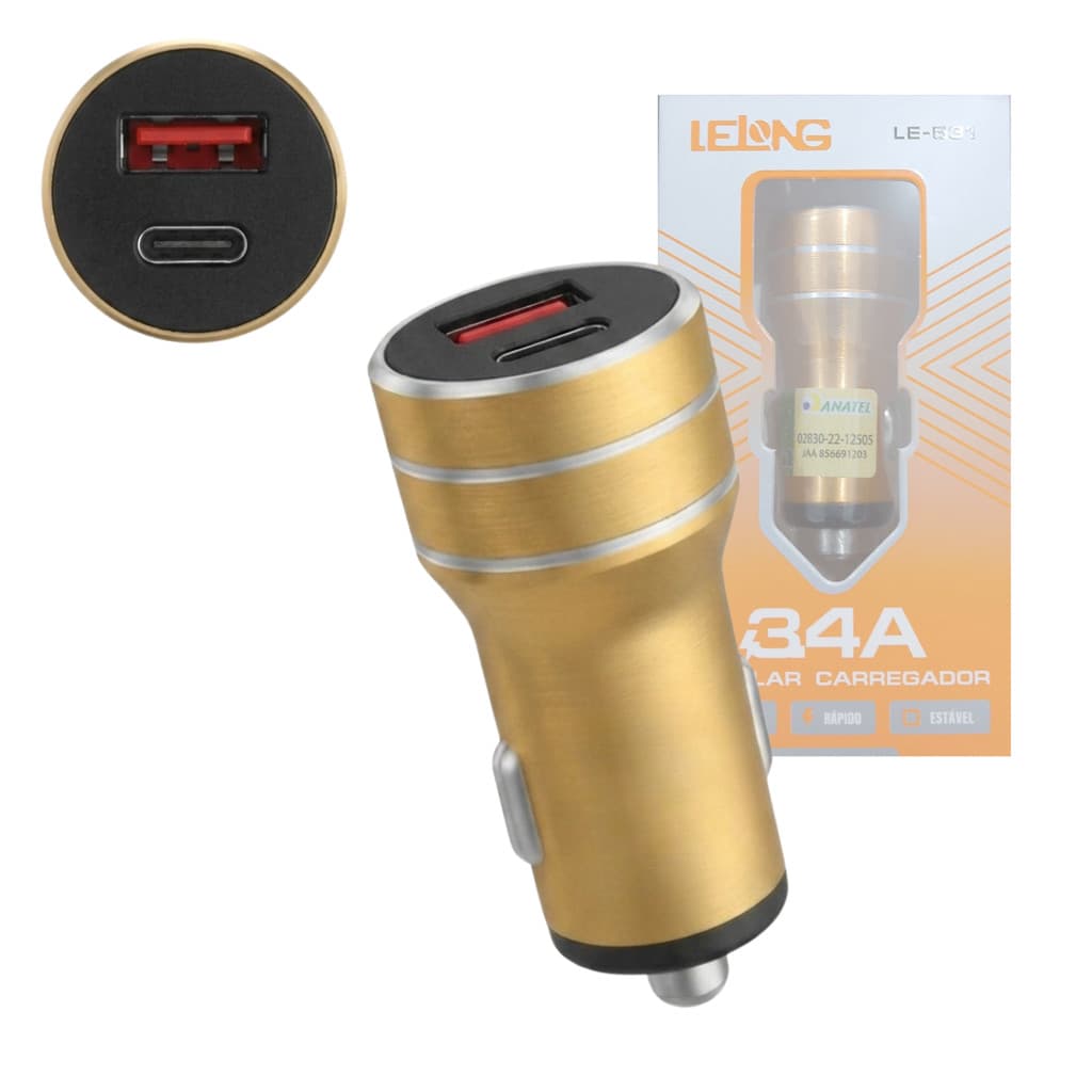 Carregador Veicular Automotivo Universal Para Celular Entrada USB + Tipo-C Rápido 3.4A Lelong LE-531