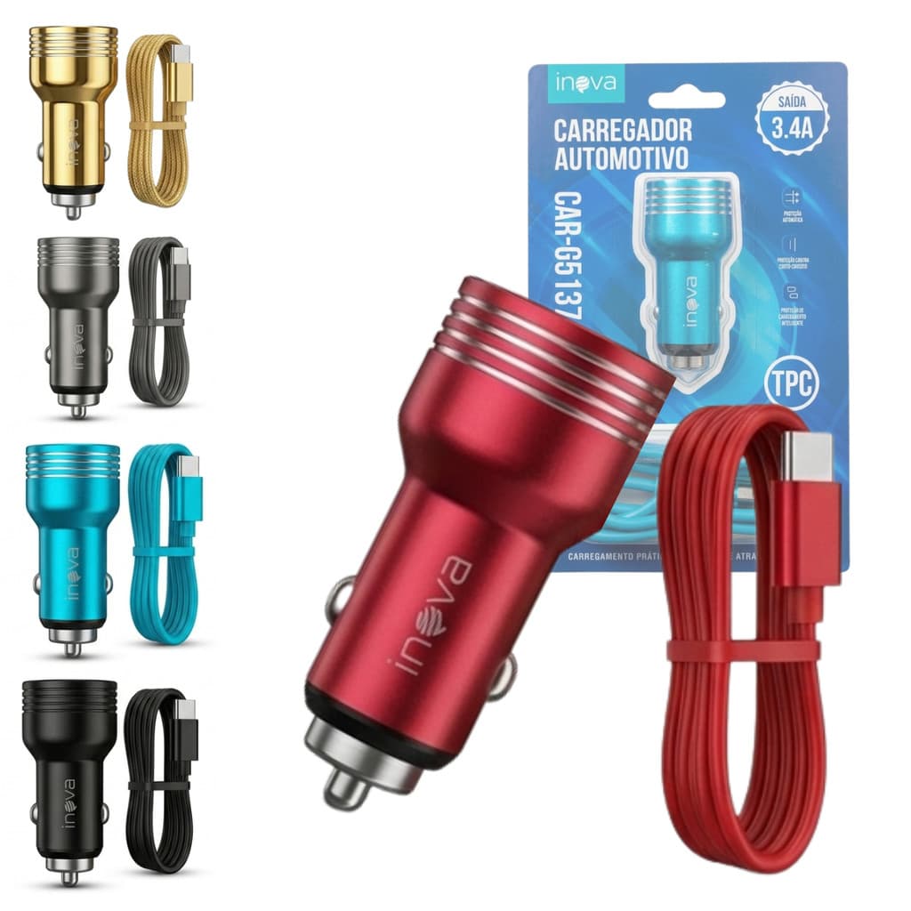 Carregador Veicular 2 Portas USB 3.4A Cabo TIPO-C INOVA CAR-G5137-TPC Premium