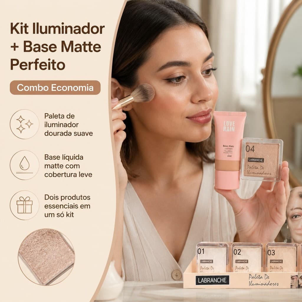 Combo 8 itens: iluminador, base liquida, brilho batom, serum reparador, balsamo labial, paleta maquiagem e gel de banho