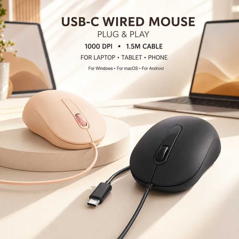 Mouse Com Fio USB-C Clique Silencioso 1000DPI Tipo Para Laptop Tablet Telefone Compatível Windows Android Plug and Play