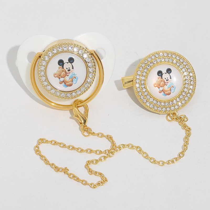 Chupeta estilo Mickey Urso de desenho animado Chupeta de diamante de ponto de bebê com corrente Anti-queda