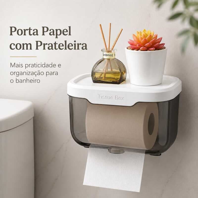 Porta Papel Higiênico com Prateleira Suporte de Parede Organizador Banheiro Caixa Dispenser Fumê
