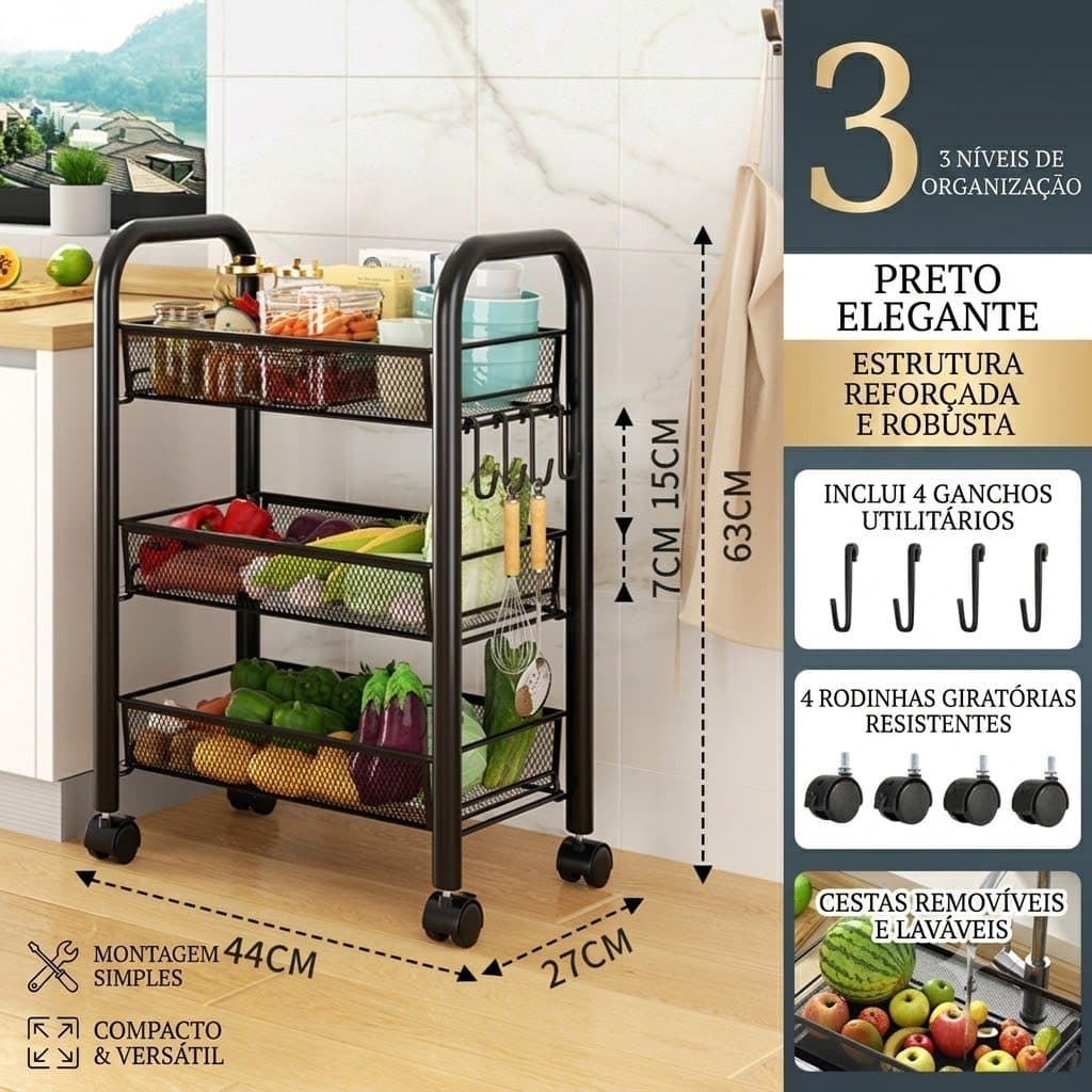 Carrinho Organizador Multiuso 3 Andares Aço Inox Vazado Com Rodinhas Prateleira Cozinha Banheiro - Preto