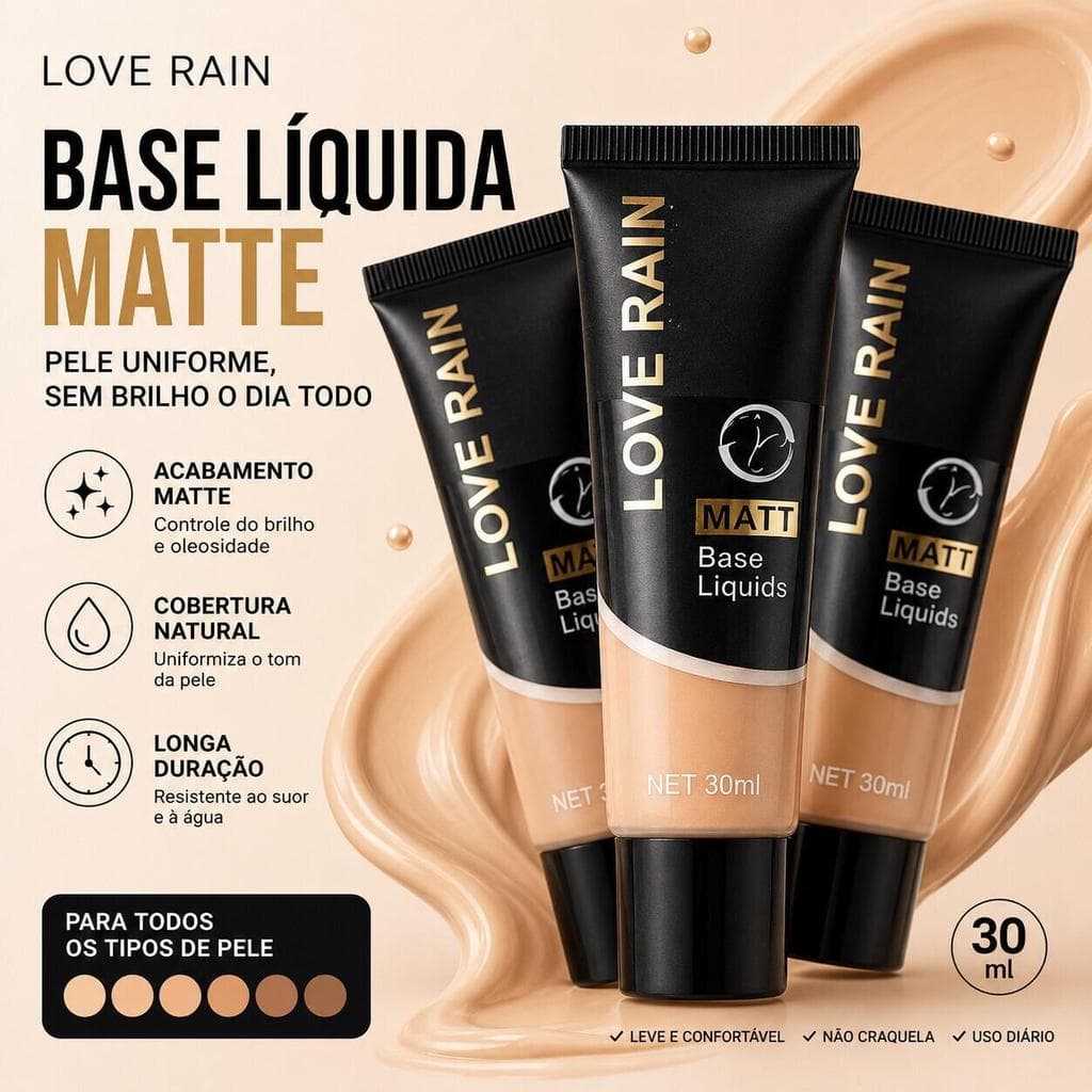 Base Líquida Matte Love Rain 30ml Alta Cobertura Longa Duração Resistente ao Suor e Oleosidade para Pele Oleosa LR803