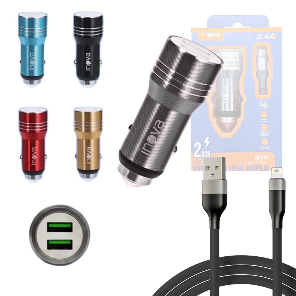 Carregador Veicular TURBO Para Celular Com 02 Portas USB Duplo Cabo Lightning De 1 Metro INOVA GL01A