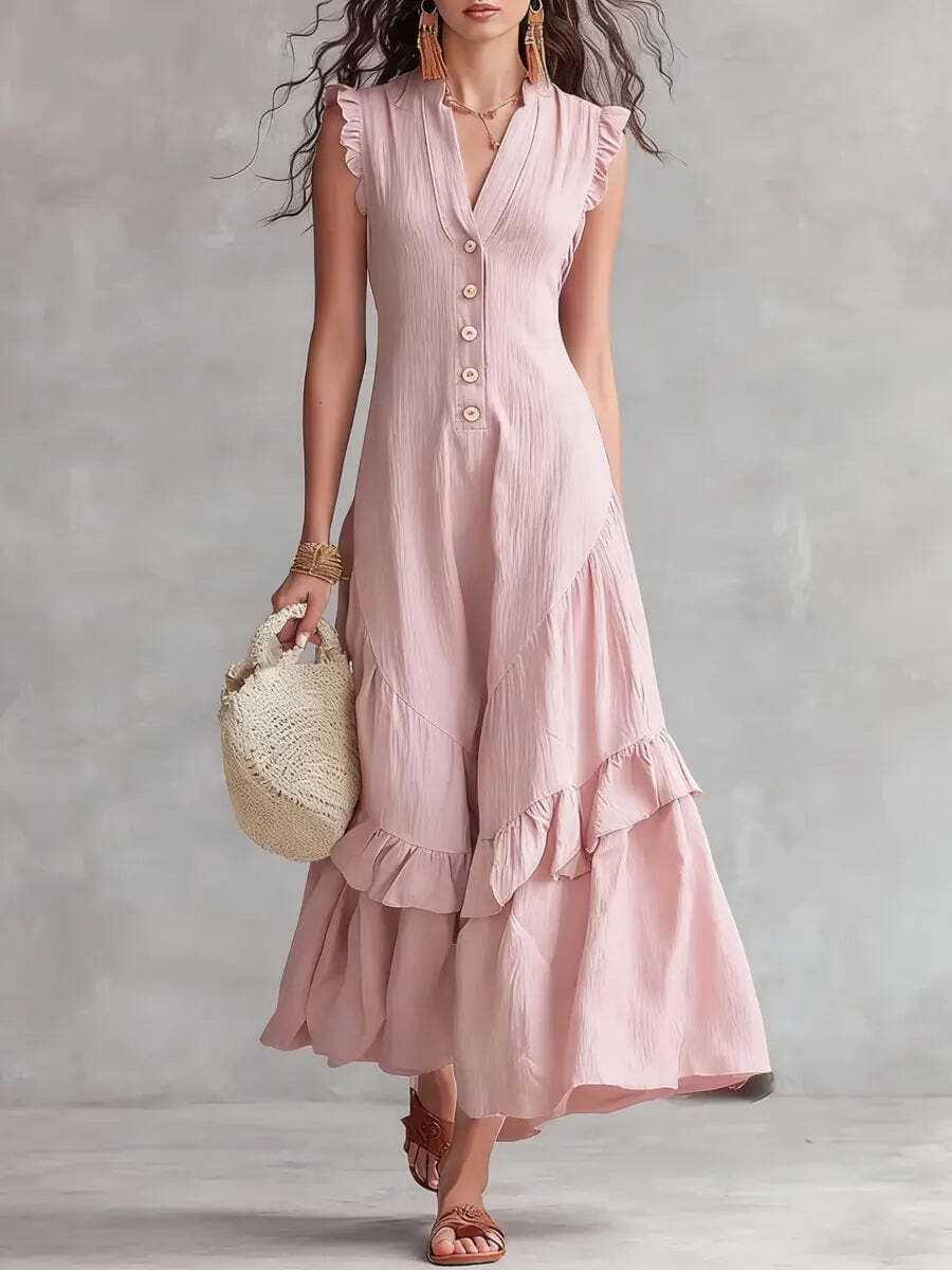 Novo estilo de verão com decote em V babados vestido elegante minimalista feminino sem mangas vestido feminino
