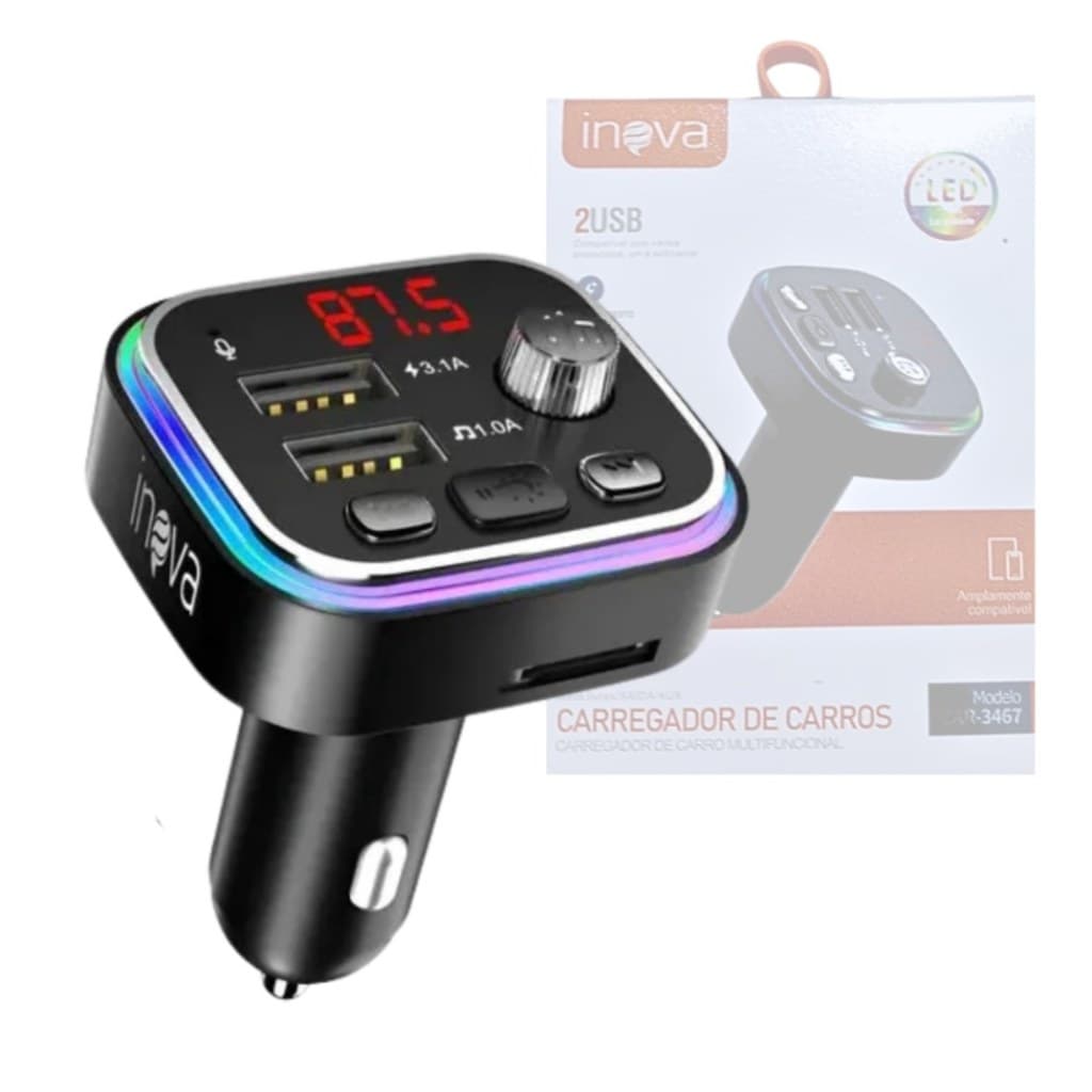 Carregador Veicular Bluetooth MP3 Transmissor FM USB