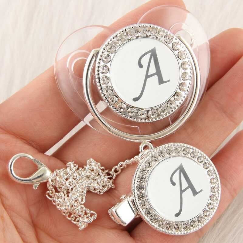Chupeta de bebê prata 26 letras transparente High-End ponto diamante chupeta com corrente