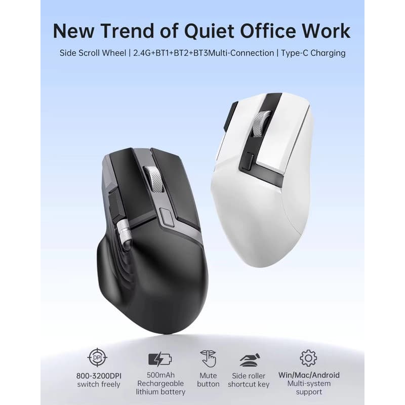Mouse Sem Fio Ergonômico 2.4G Bluetooth Roda De Rolagem Lateral De Modo Duplo Tipo-C Recarregável Silencioso Para Jogos 