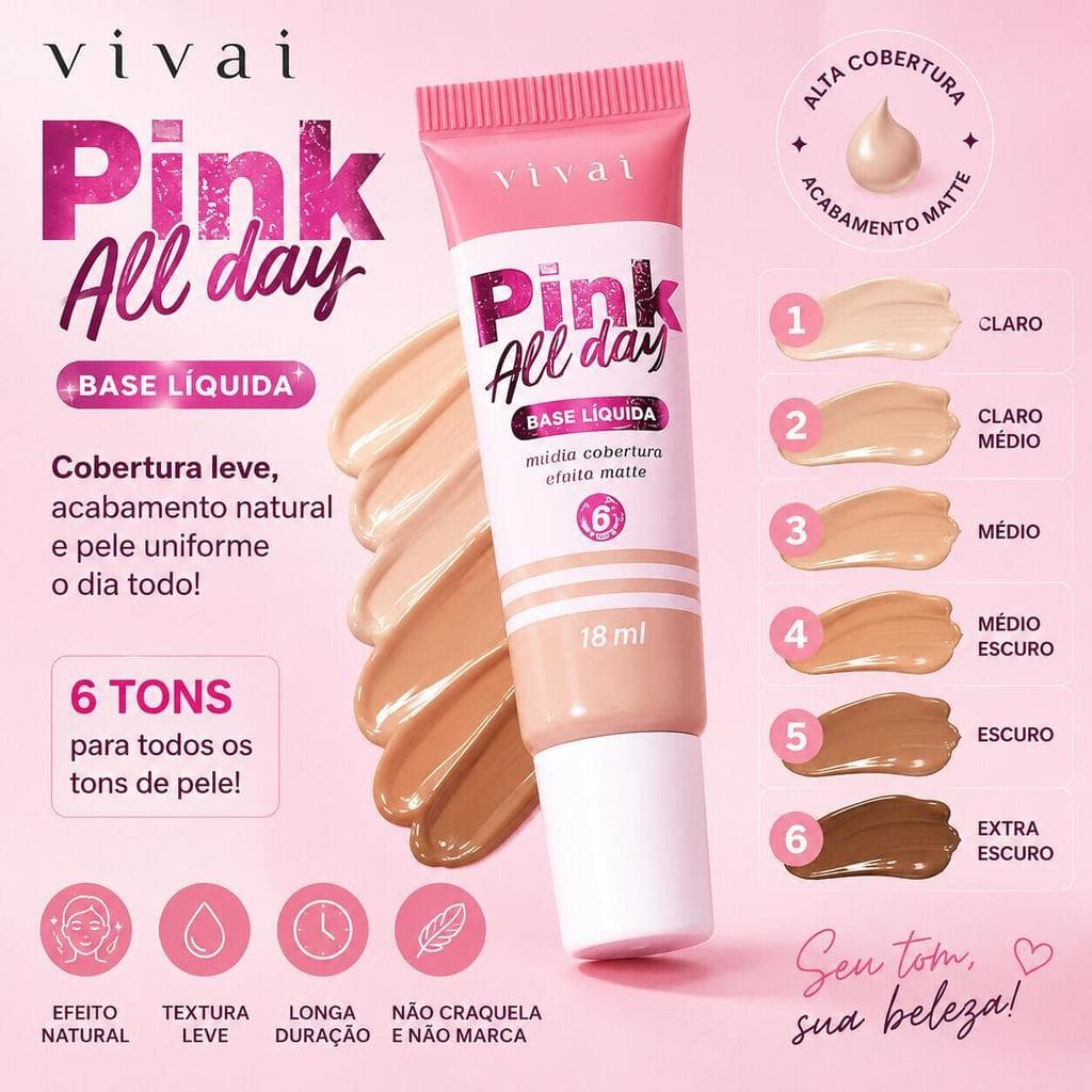 Base Líquida Vivai Pink All Day 1104.1.1 - Textura Leve de Alta Aderência com Finalização Natural e Fresca