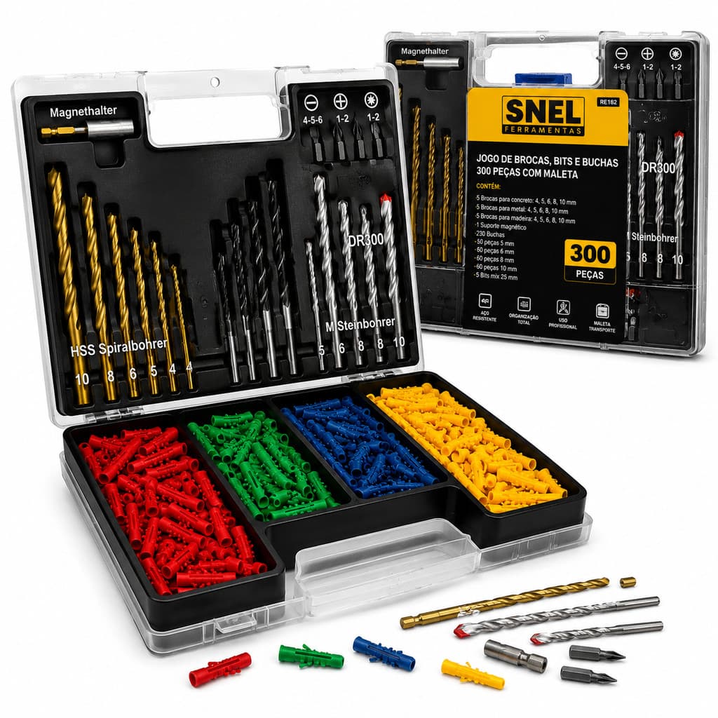 JOGO DE BROCAS BITS E BUCHAS 300 PEÇAS COM MALETA RE182 SNEL FERRAMENTAS KIT COMPLETO PROFISSIONAL MARCENARIA OFICINA
