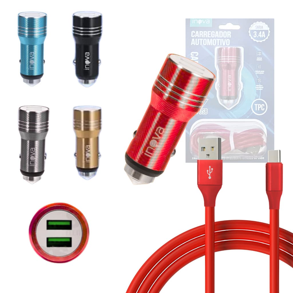Carregador Veicular Turbo 2 USB 3.4A Com Cabo Tipo-C 1M Inova CAR-8357