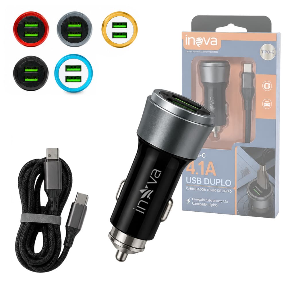 Carregador Veicular 12V TURBO Duplo 02 Portas USB 4.1A Cabo TIPO-C Carregamento Rápido Prático INOVA