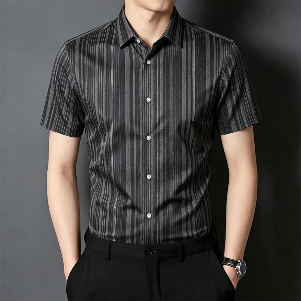 Camisa Social Masculina Listrada Azul Marinho De Manga Curta Slim Fit Suave Estiramento Respirável Formal Escritório Top
