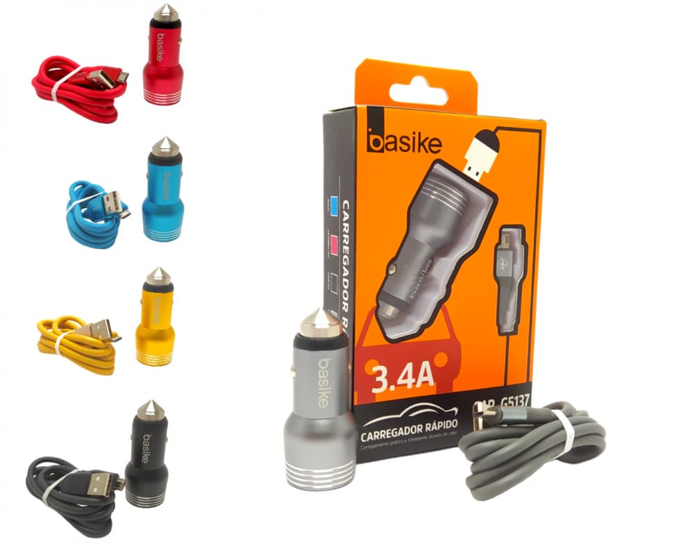 Carregador Rápido E Versátil Celular Veicular Automotivo Carro 2 Portas USB 2.4A/3.4A Cabo V8 Basike