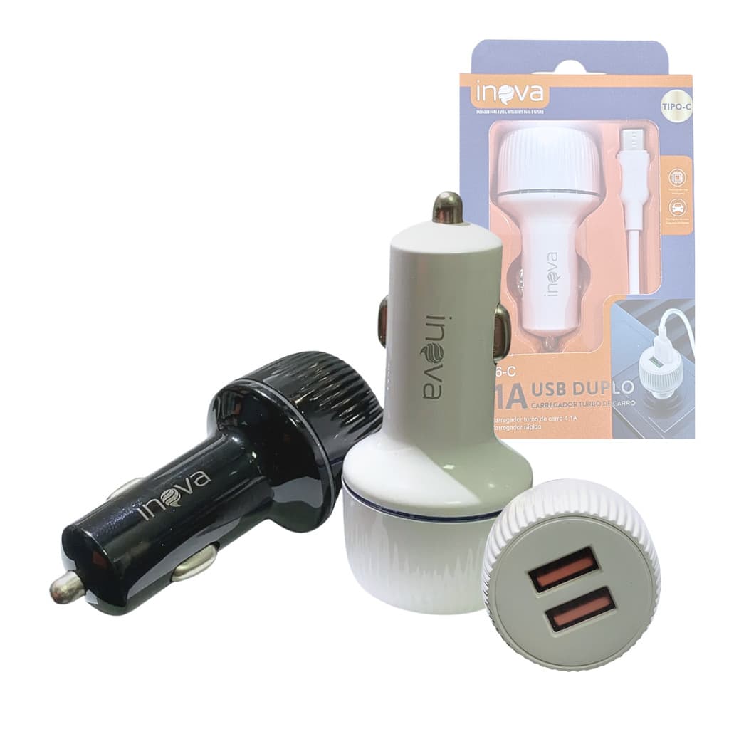 Carregador Veicular De 12V TURBO Duplo 02 Portas USB 4.1A Com Cabo Móvel Conector TIPO-C INOVA G06-C