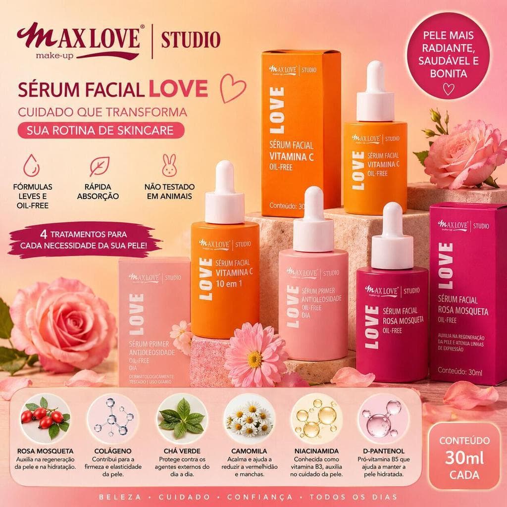 Kit Max Love Sérum Vitamina C 10 em 1 Sem Óleo + Primer Antibrilho com Rosa Mosqueta para Pele Uniforme