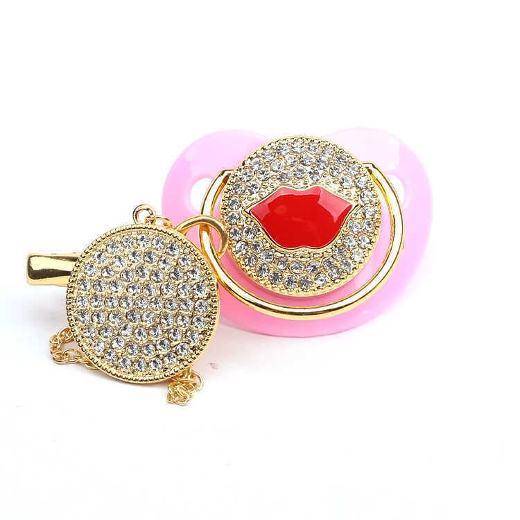 Diamante completo óleo vermelho gotejamento lábios bebê chupeta cinta Anti-queda corrente produtos maternos para bebês