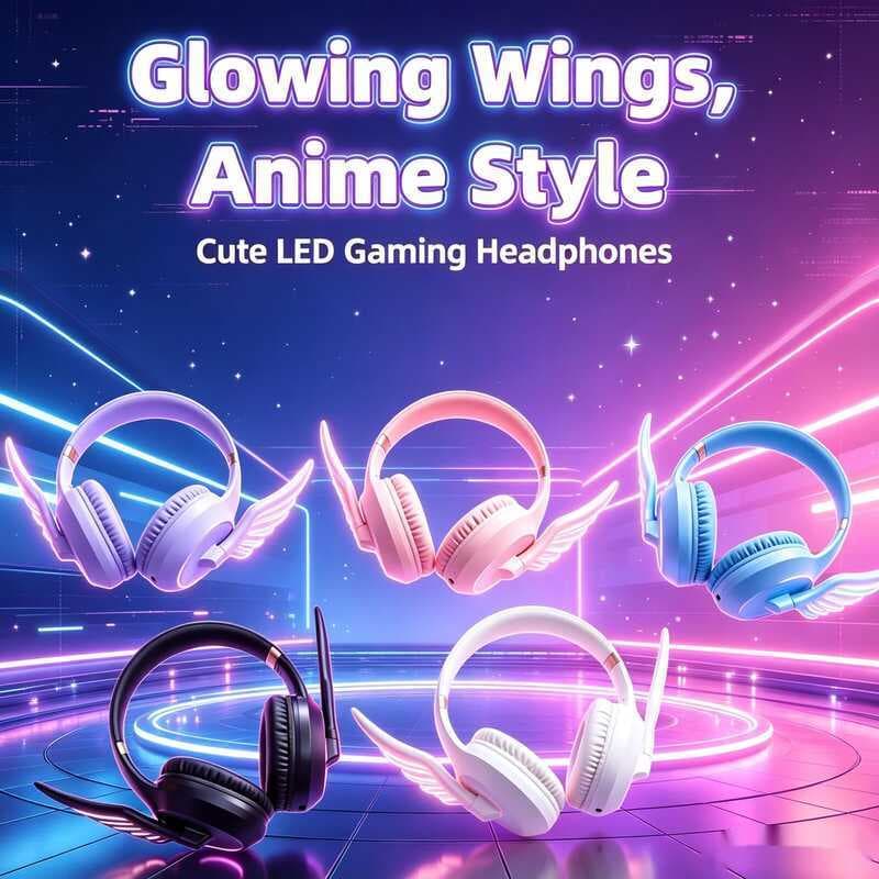 Asas De Anjo LED Bluetooth Jogos Fones De Ouvido Bonito Over-Ear Fone Com Brilhantes Destacáveis Para Cosplay Streaming 