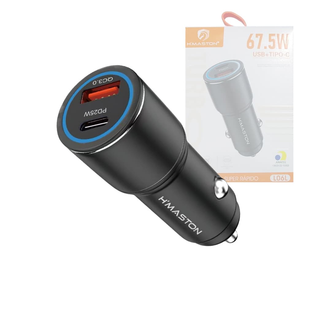 Carregador Veicular Super Rápido Compacto 67,5W Conexão USB / TIPO-C Carregamento TURBO Hmaston L06L