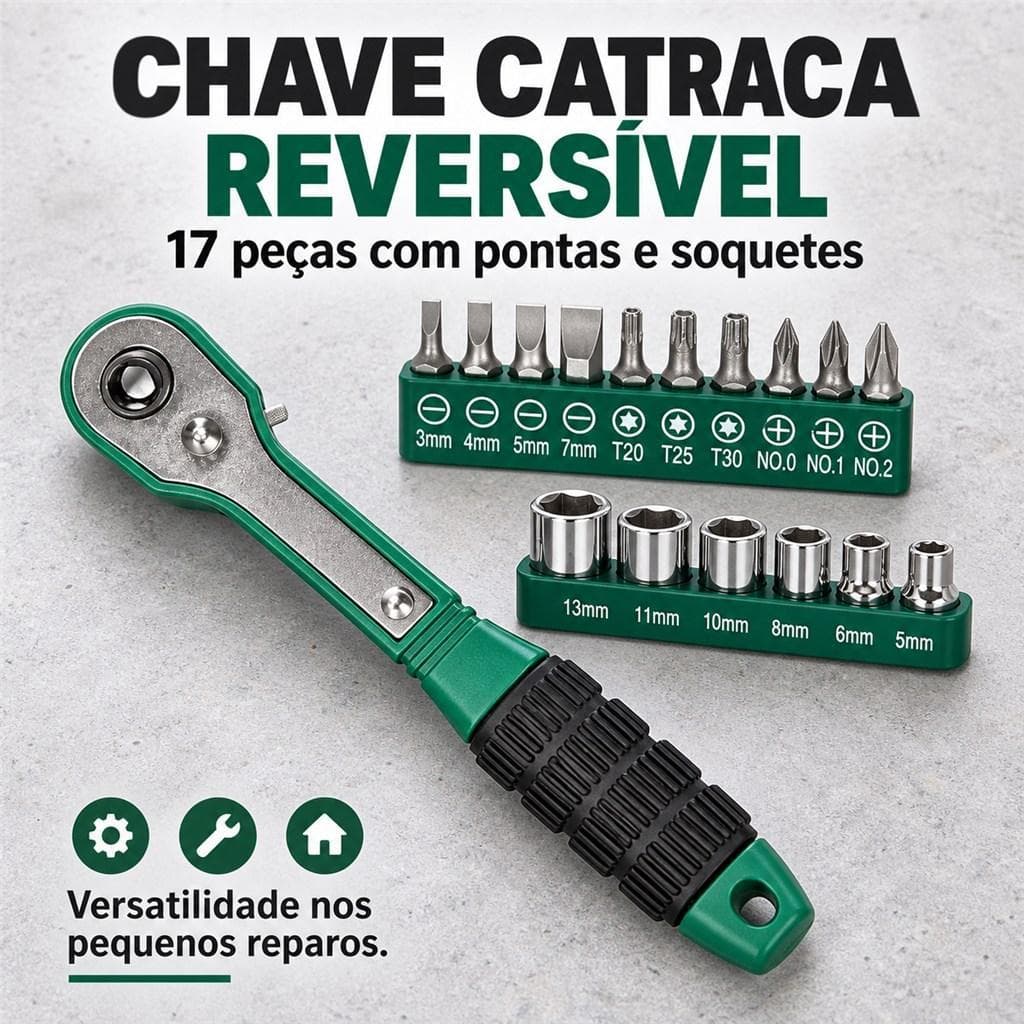 Jogo de Chave Catraca Reversível com Pontas e Soquetes 17 Peças