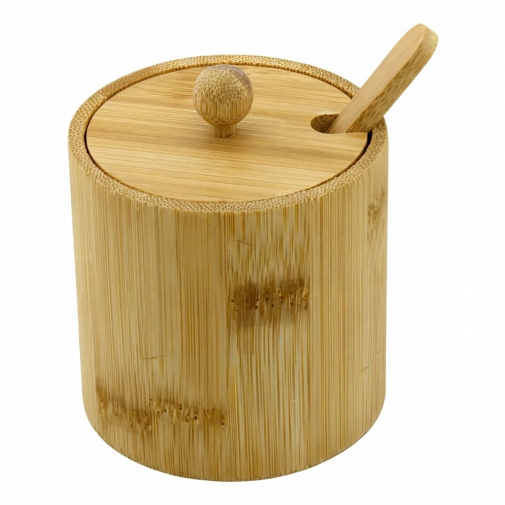 Porta Condimentos com Tampa Colher e Bambu para Sal Açúcar Temperos Organizador de Cozinha Pote