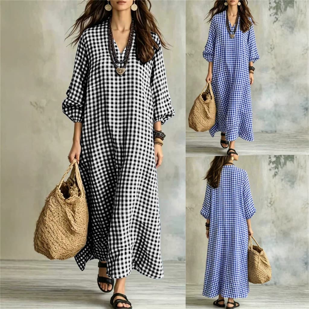 Vestido xadrez estampado com decote em V, manga lanterna de três quartos, vestido solto Casual feminino