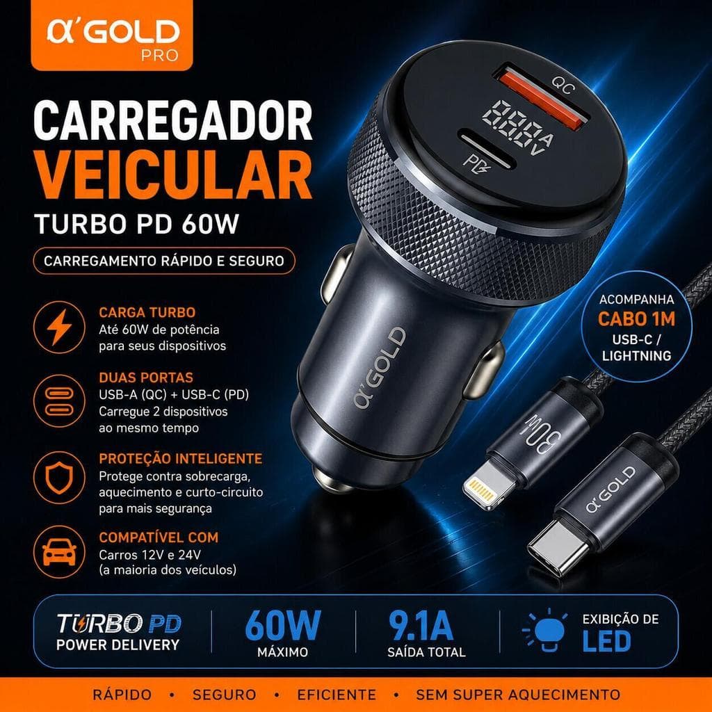Carregador Veicular α'Gold 60W Carga Rápida USB-C USB Original Homologado Anatel CJ12-2