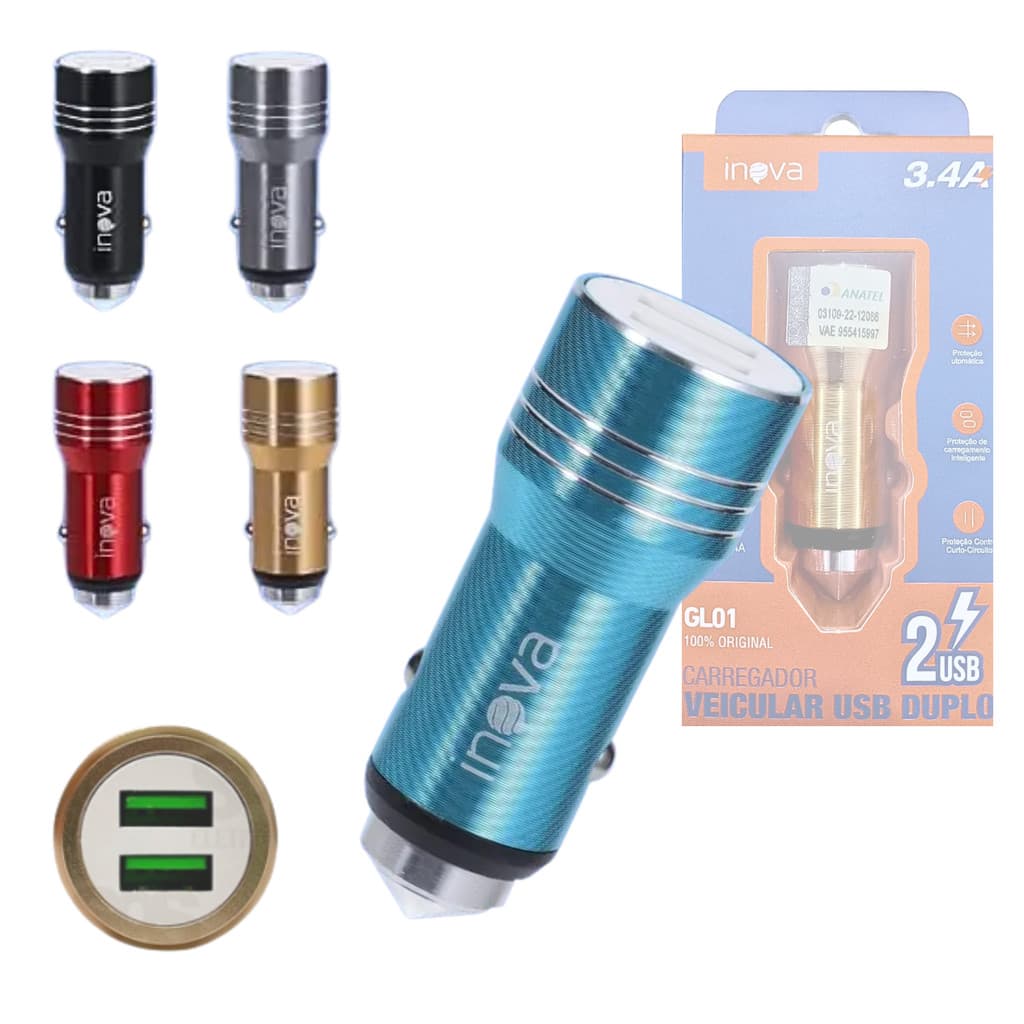 Carregador Veicular Celular Turbo com 2 Portas USB 3.4A