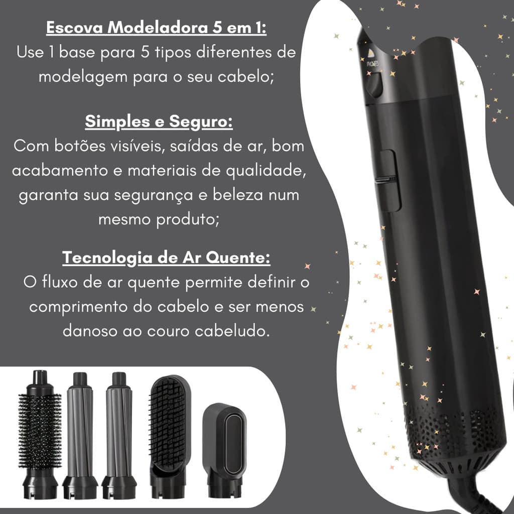 Escova Secadora 5 em 1 Multiuso 110V Seca Modela Alisa e Penteia Cabelo Profissional Volumizador Prático Rápido