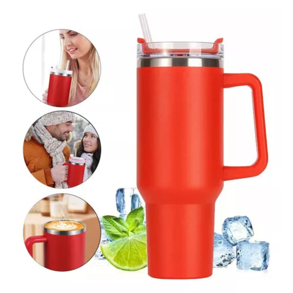 Personalizado - Copo Caneca (1200 ml) Térmica Inox com Alça e Canudo - Vermelho