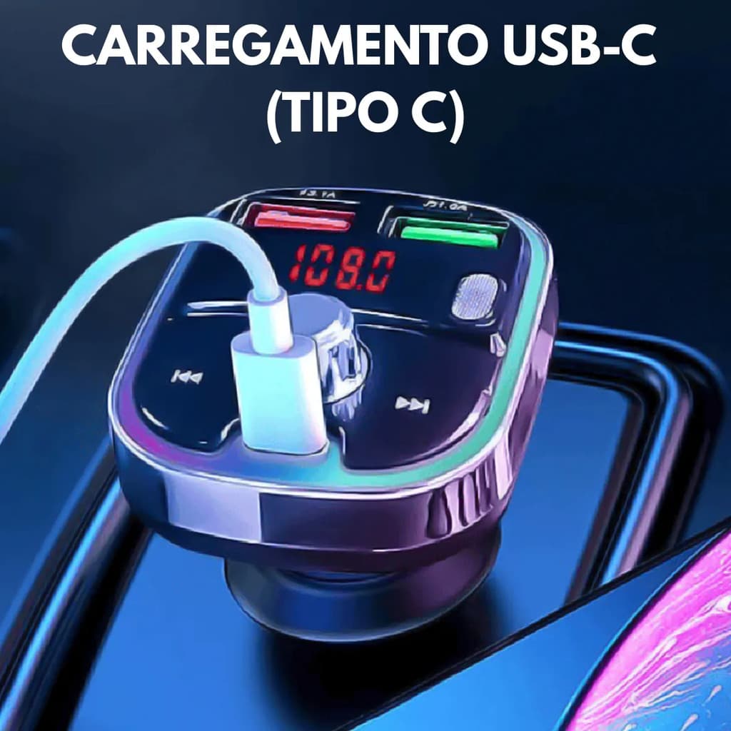 Carregador Transmissor Veicular MP3 Player Bluetooth RGB 18W