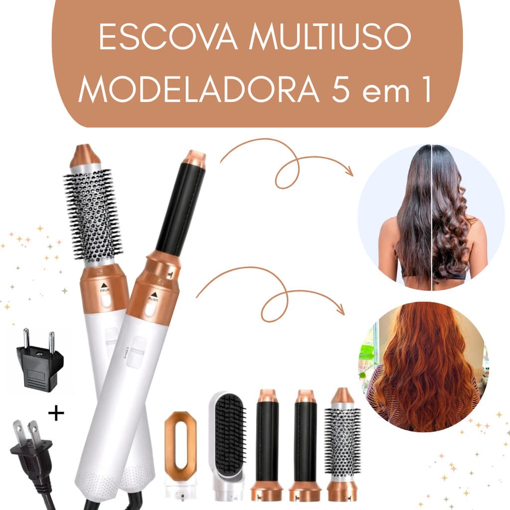 Escova Secadora 5 em 1 Multifuncional 110v Air Styler Modelador de Cabelo Profissional Cor Branco/Dourado
