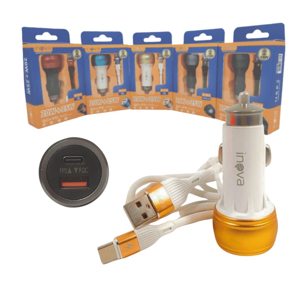 Carregador Veicular 12V TURBO USB / TIPO-C 45W Cabo TIPO-C Móvel INOVA GL18-CC