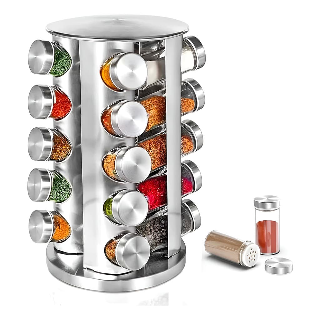 Porta Temperos Aço Inox com 20 Potes Redondos – Organizador de Temperos para Cozinha