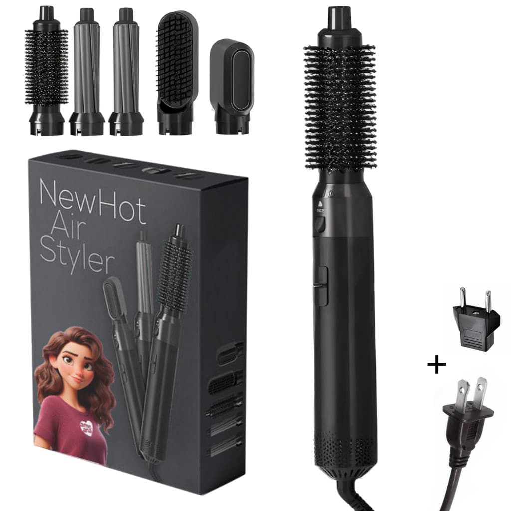 Escova Secadora 5 em 1 Profissional 110V Seca Alisa Modela Cacheia e Penteia com 5 Acessórios - Cor Preto