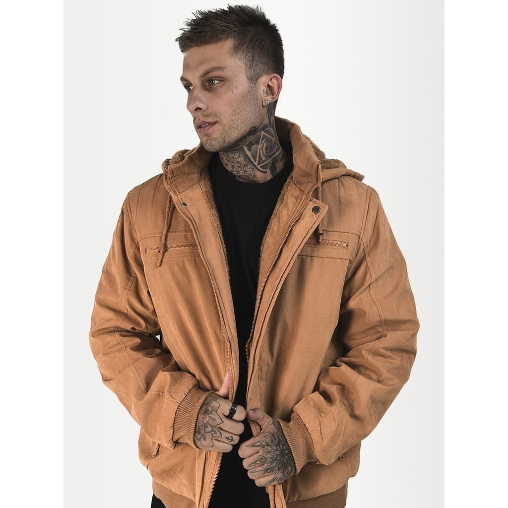 Jaqueta Sarja Camurça Casaco Masculino Camurça Quente Pelinho Frio Sarja Zíper Top Marrom Preto