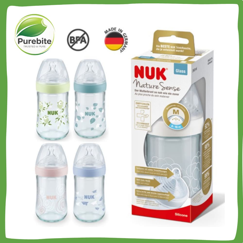 Mamadeira De Vidro NUK Nature Sense 240ml Com Pescoço Largo E Bico De Silicone Macio Para Alimentação De Bebês